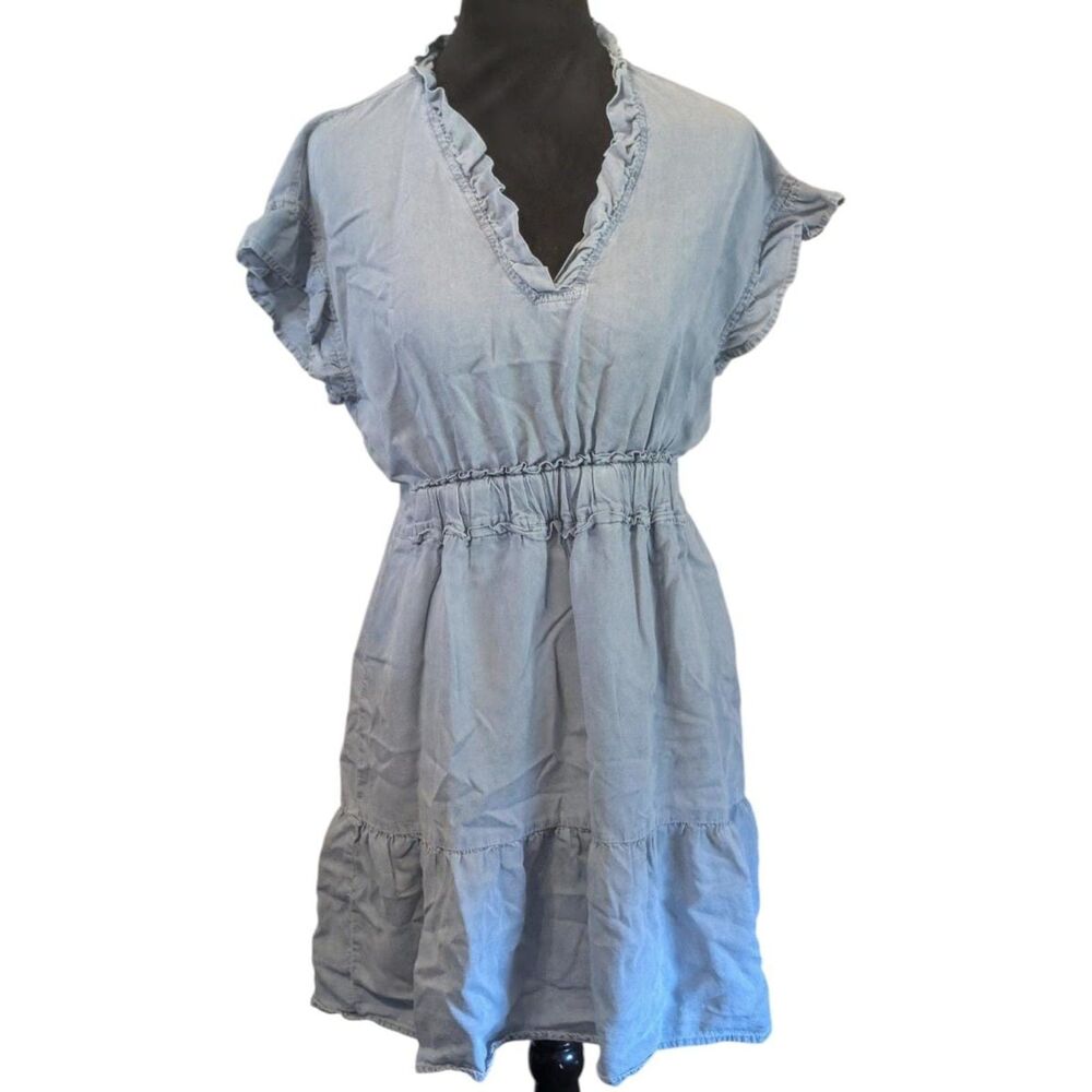 THML Anthropologie Light Wash Tencel Chambray Ruffle Mini Dress, Size XS
